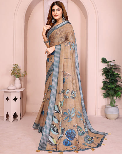 Beige Linen Cotton Saree With Digital Printed Work And Silver Zari Border