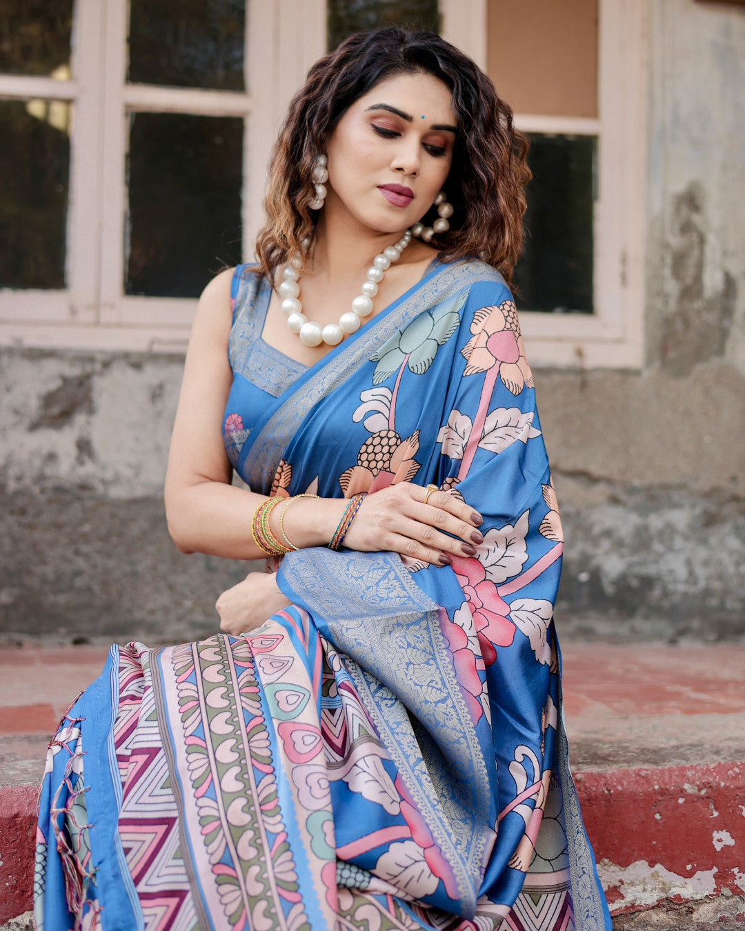 Blue Tussar Silk Saree With Digital Kalamkari Print & Zari Motif Border | Casual & Festive Wear – JaipurSaaj