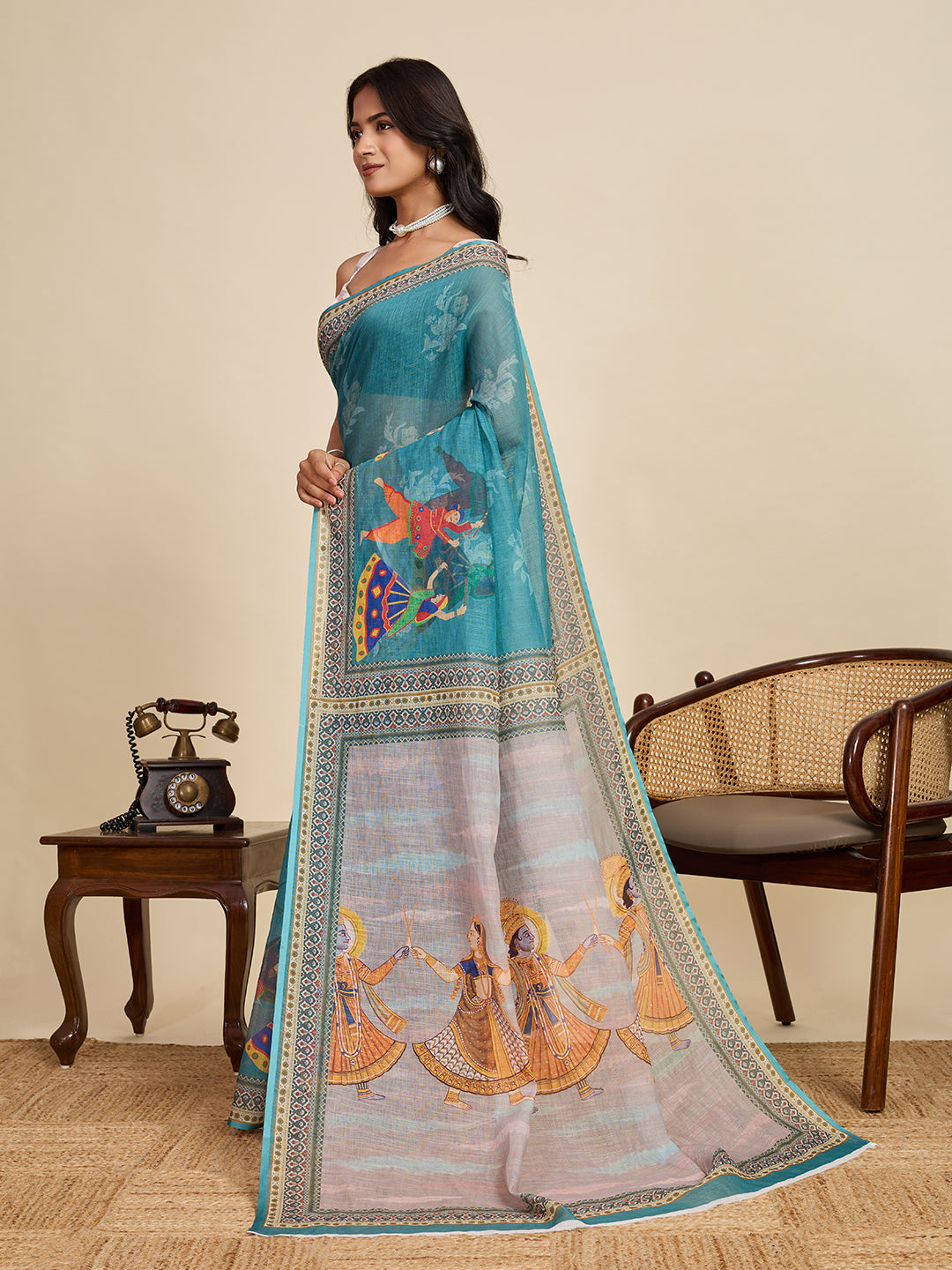 Rama Green Linen Cotton Saree With Digital Printed Work And Silver Zari Border | Lightweight Festive & Party Wear – JaipurSaaj