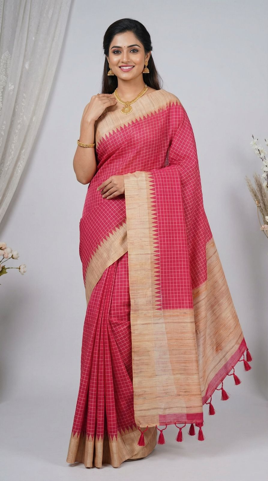 Rani Pink Tussar Silk Saree With Checks Weaving Work | Office & Festive Wear – JaipurSaaj