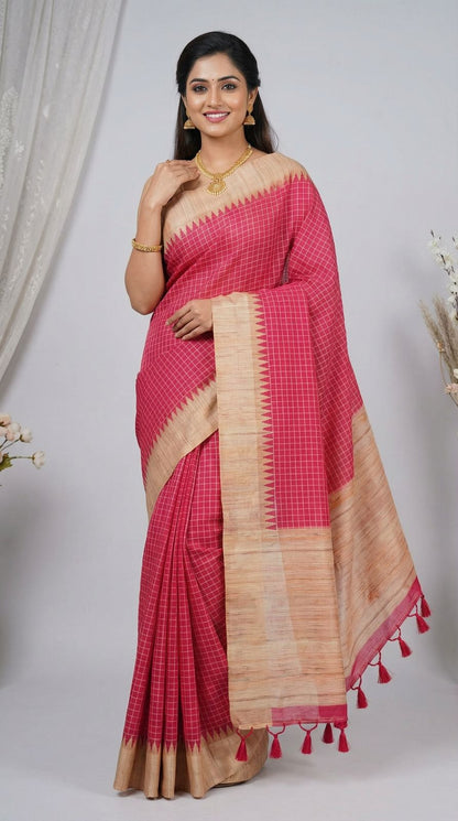 Rani Pink Tussar Silk Saree With Checks Weaving Work | Office & Festive Wear – JaipurSaaj