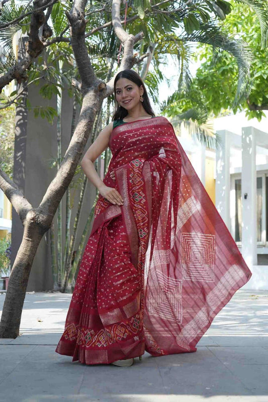 Red Fancy Dola Silk Saree With Ikkat Border Work