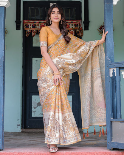 Mustard Yellow Kalamkari Digital Printed Linen Cotton Saree | Summer Casual & Ethnic Wear – JaipurSaaj