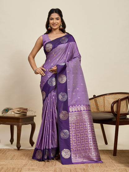 Lavender Soft Silk Saree With Silver Banarasi Zari Weaving Work | Festive Wear – JaipurSaaj