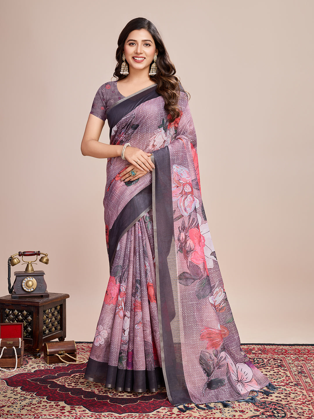 Fancy Multi Soft Linen Cotton Saree With Floral Printed Work