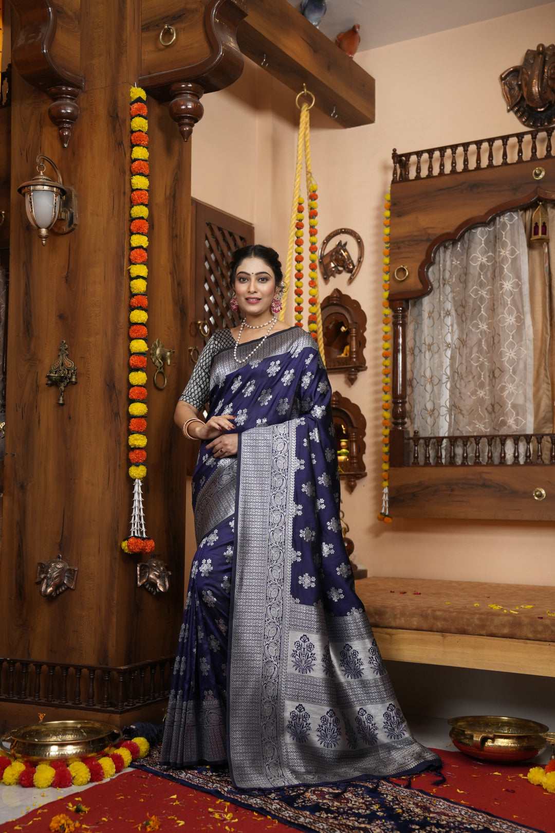 Navy Blue Banarasi Silk Saree With Zari Weaving Work | Wedding Festive Wear – JaipurSaaj