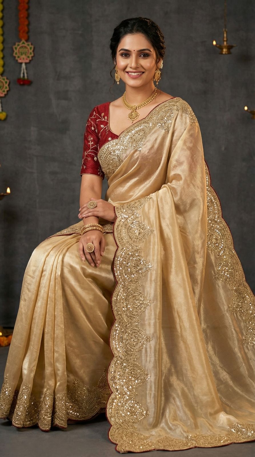 Beige Jimmy Choo Satin Silk Saree With Sequence Work | Reception & Party Wear – JaipurSaaj