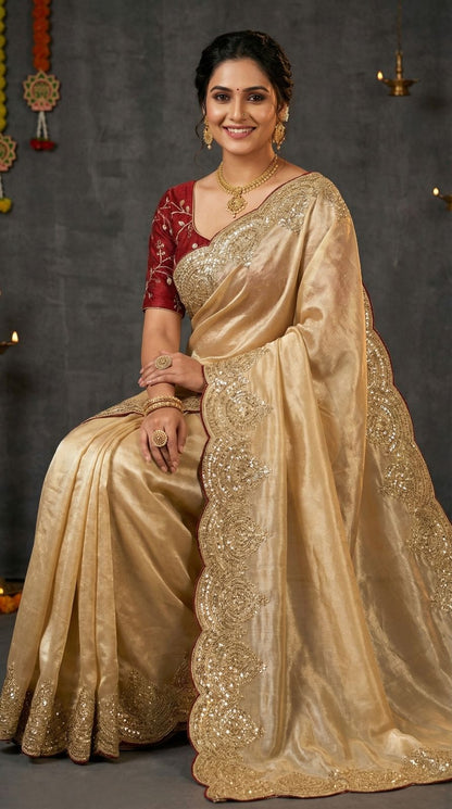 Beige Jimmy Choo Satin Silk Saree With Sequence Work | Reception & Party Wear – JaipurSaaj