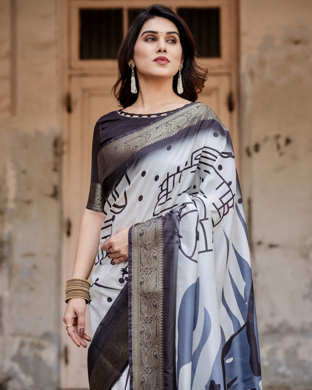 Multi Color Digital Printed Tussar Silk Saree With Zari Motif Border | Designer Festive Ethnic Wear – JaipurSaaj