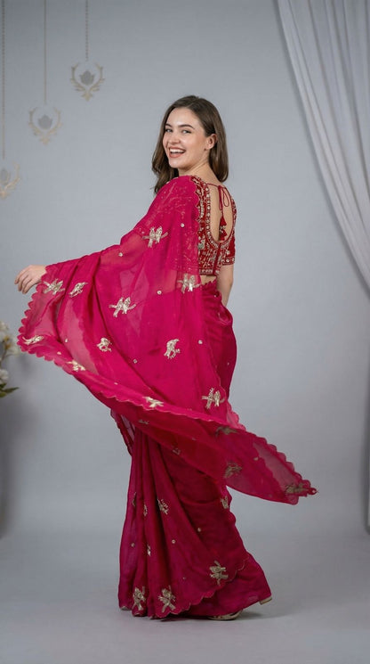 Pink Fandy Satin Silk Saree With Heavy Shine Hand Work & Cutwork Border | Wedding & Party Wear - JaipurSaaj