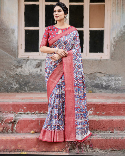Multi Color Digital Printed Tussar Silk Saree With Zari Motif Border | Traditional Festive Ethnic Wear – JaipurSaaj