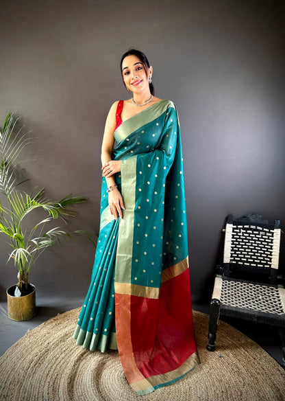 Green Soft Cotton Silk Saree With Zari Woven Work | Wedding & Party Wear – JaipurSaaj