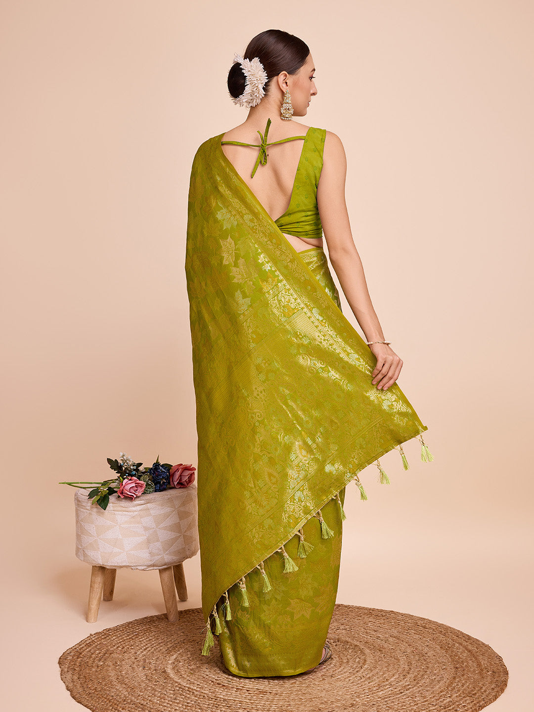 Golden & Copper Zari Weaving With Mahendi Green Soft Silk Banarasi Saree | Party & Wedding Wear - JaipurSaaj