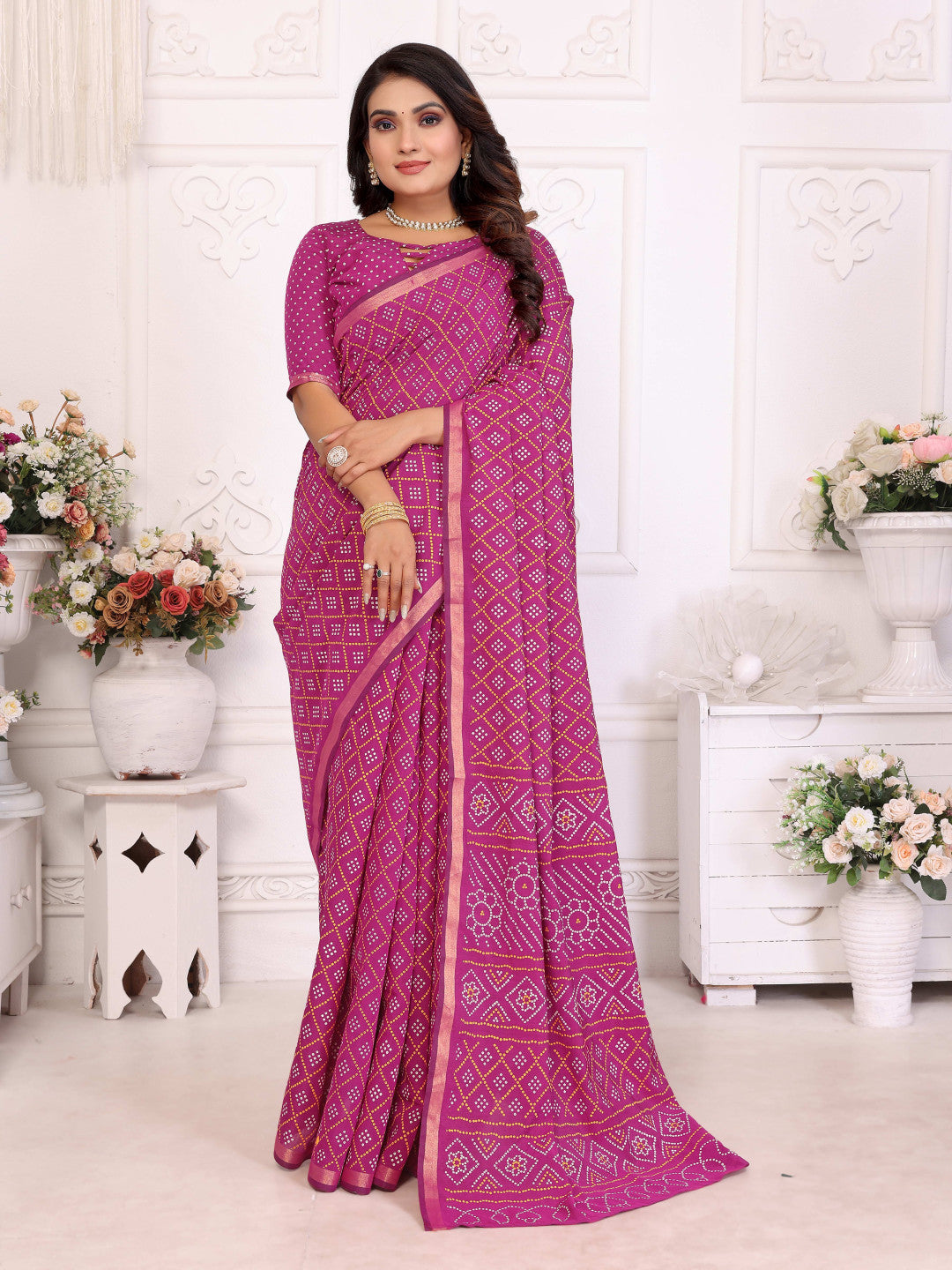 Pink Bandhej Printed Soft Cotton Saree With Zari Border | Traditional Festive Ethnic Wear – JaipurSaaj