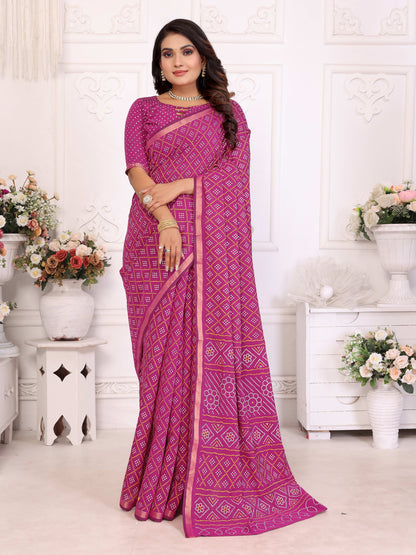 Pink Bandhej Printed Soft Cotton Saree With Zari Border | Traditional Festive Ethnic Wear – JaipurSaaj