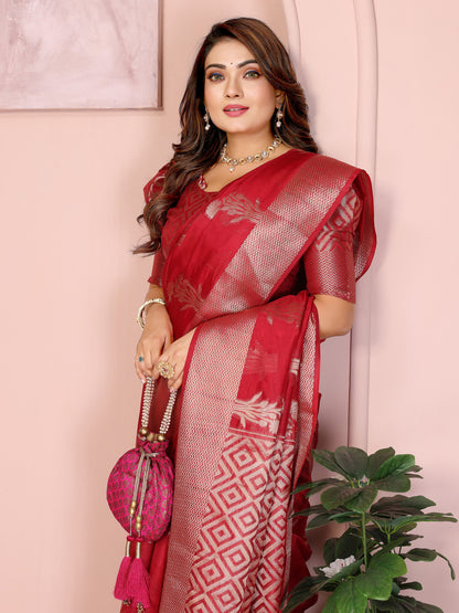 Red Organza Silk Banarasi Saree With Zari Weaving Work | Wedding & Festive Wear – JaipurSaaj