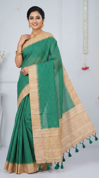 Rama Green Tussar Silk Saree With Checks Weaving Work | Office & Festive Wear – JaipurSaaj