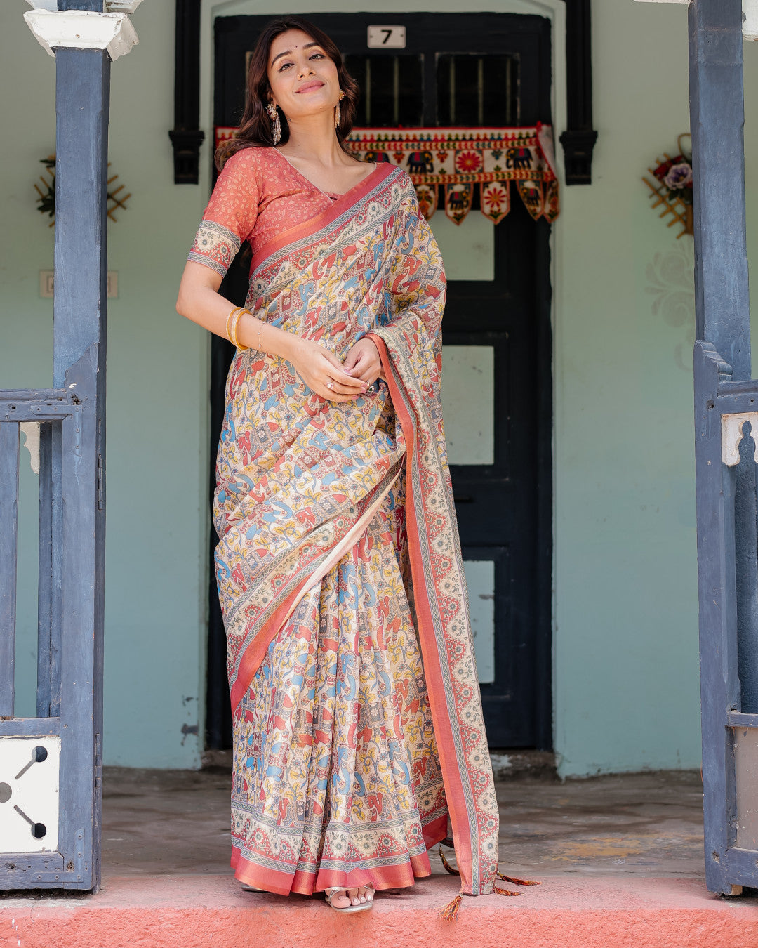 Multi Color Kalamkari Digital Printed Linen Cotton Saree | Summer Casual & Ethnic Wear – JaipurSaaj