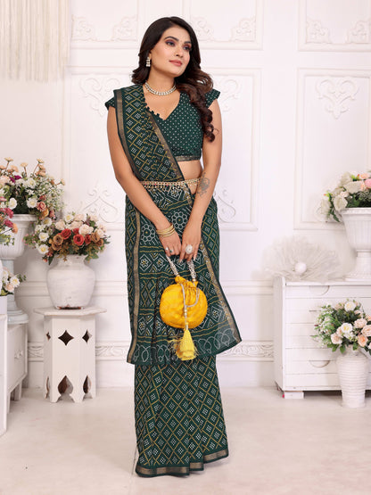 Green Bandhej Printed Soft Cotton Saree With Zari Border | Traditional Festive Ethnic Wear – JaipurSaaj