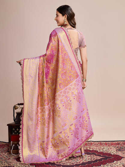 Pink Kanjivaram Silk Saree With Zari Weaving Work | Bridal Wedding Wear – JaipurSaaj