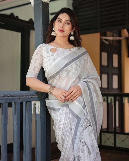 White Summer Special Digital Printed Linen Cotton Saree