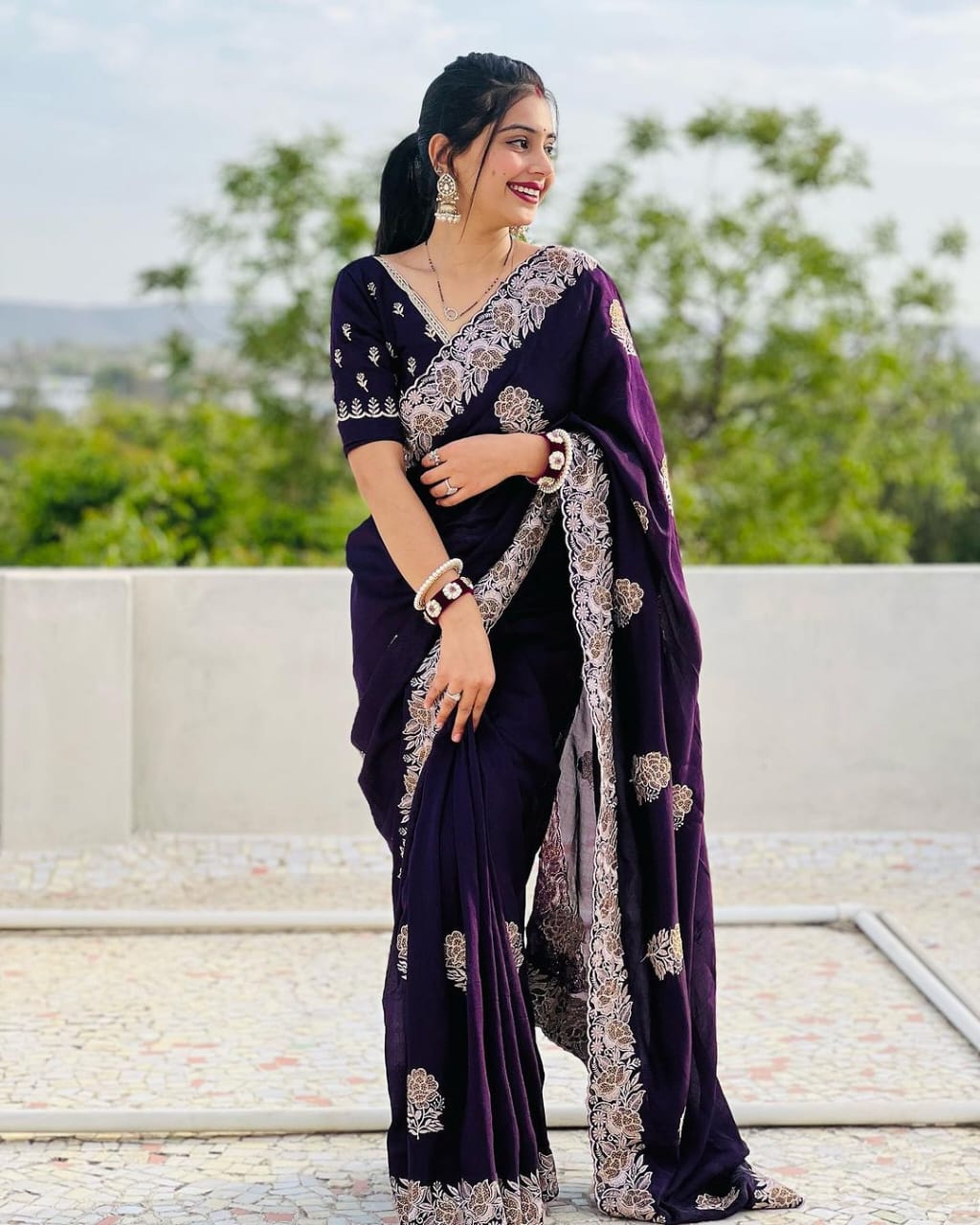 Wine Vichitra Silk Saree with Zari Thread & Stone Work | Designer Wedding & Party wear – JaipurSaaj