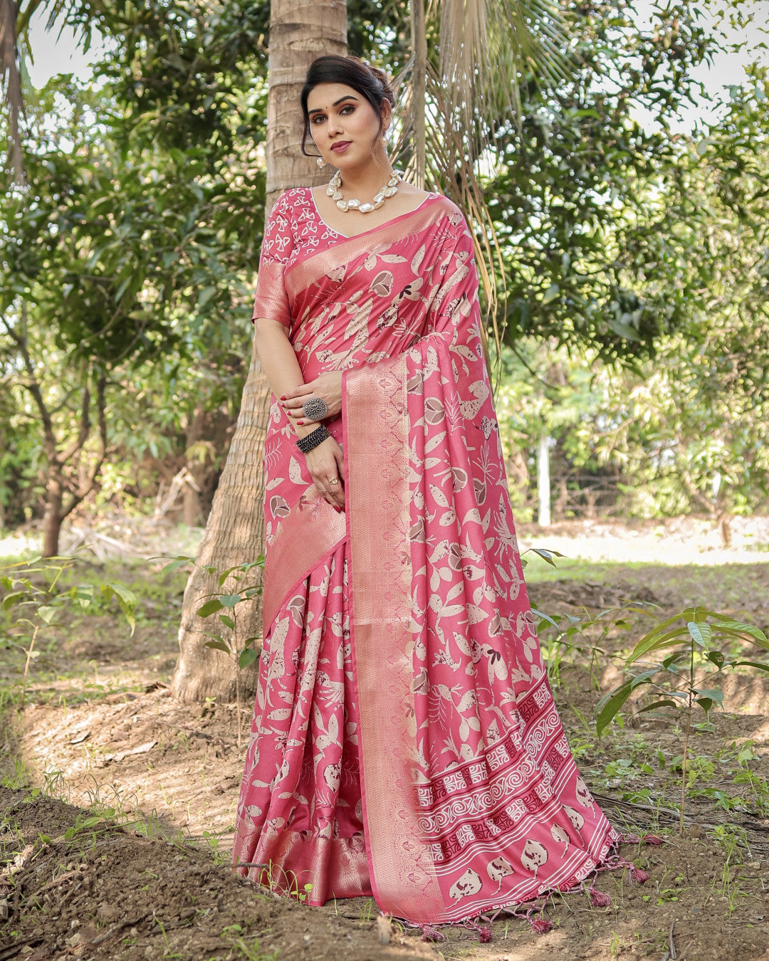 Pink Tussar Silk Saree with Floral Woven Motifs & Zari Border | Traditional Festive Wear – JaipurSaaj