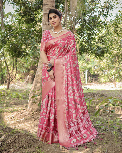 Pink Tussar Silk Saree with Floral Woven Motifs & Zari Border | Traditional Festive Wear – JaipurSaaj