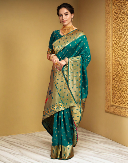 Traditional Rama Green Paithani Silk Saree With Zari Weaving Work