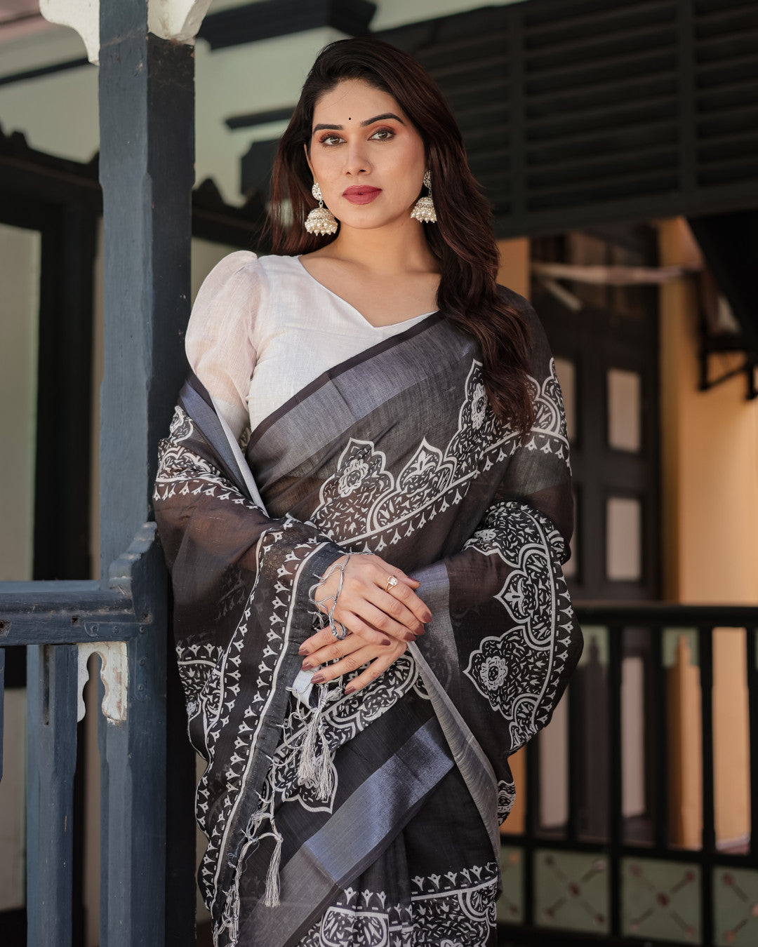 Black Summer Special Digital Printed Linen Cotton Saree