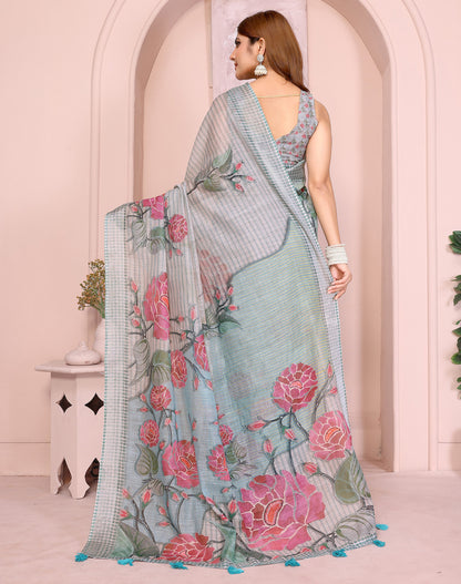 Multi Linen Cotton Saree With Digital Printed Work And Silver Zari Border