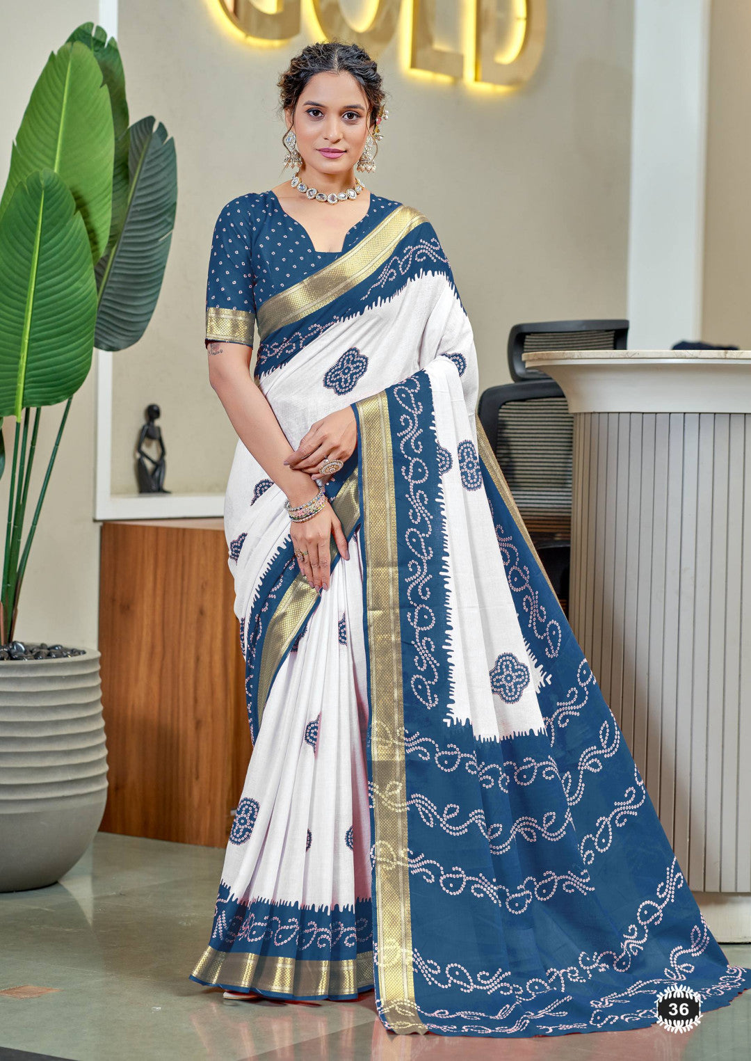 Sky Blue Mulmul Cotton Saree With Bandhani Block Print & Zari Border | Ethnic Festive Wear – JaipurSaaj