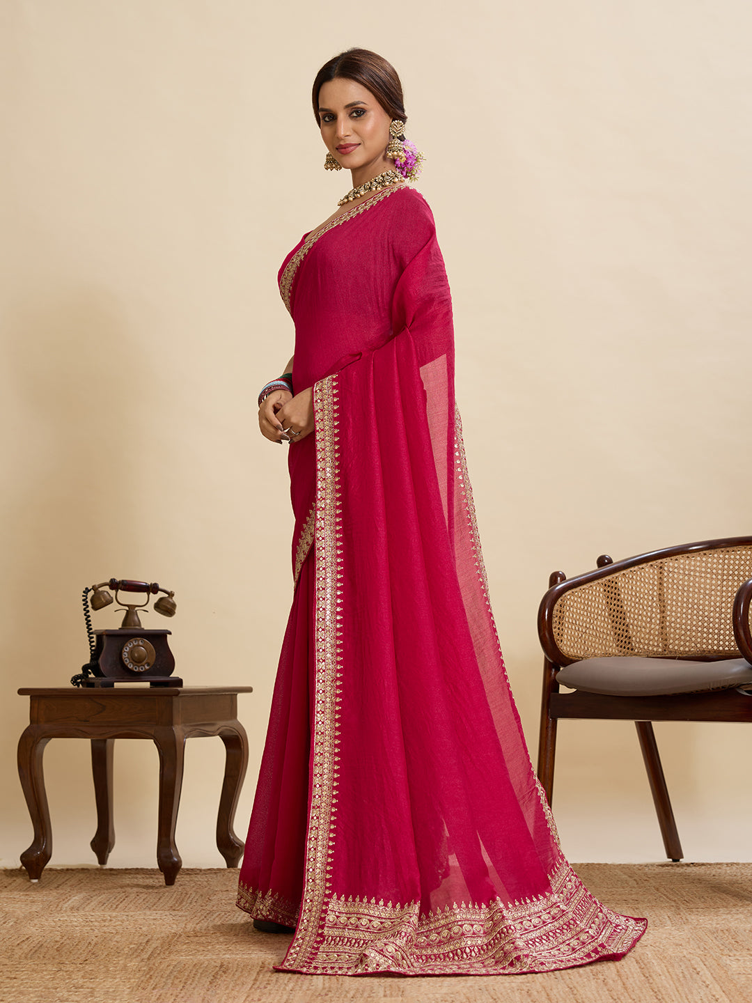 Rani Pink Soft Vichitra Silk Saree With Embroidery Work | Bridal Wedding & Festive Wear – JaipurSaaj