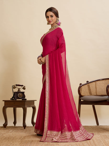 Rani Pink Soft Vichitra Silk Saree With Embroidery Work | Bridal Wedding & Festive Wear – JaipurSaaj