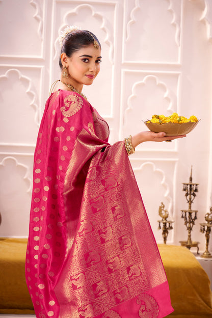 Pink Soft Roop Silk Saree With Printed Work & Zari Weaving Border | Traditional Festive Wear – JaipurSaaj