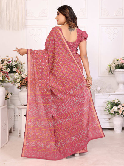 Dusty Pink Bandhej Printed Soft Cotton Saree With Zari Border | Traditional Festive Ethnic Wear – JaipurSaaj