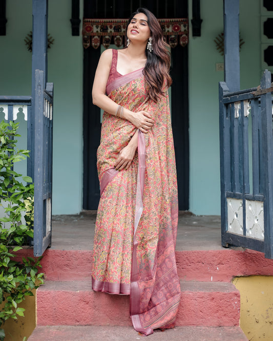 Beige Floral Digital Printed Linen Cotton Saree