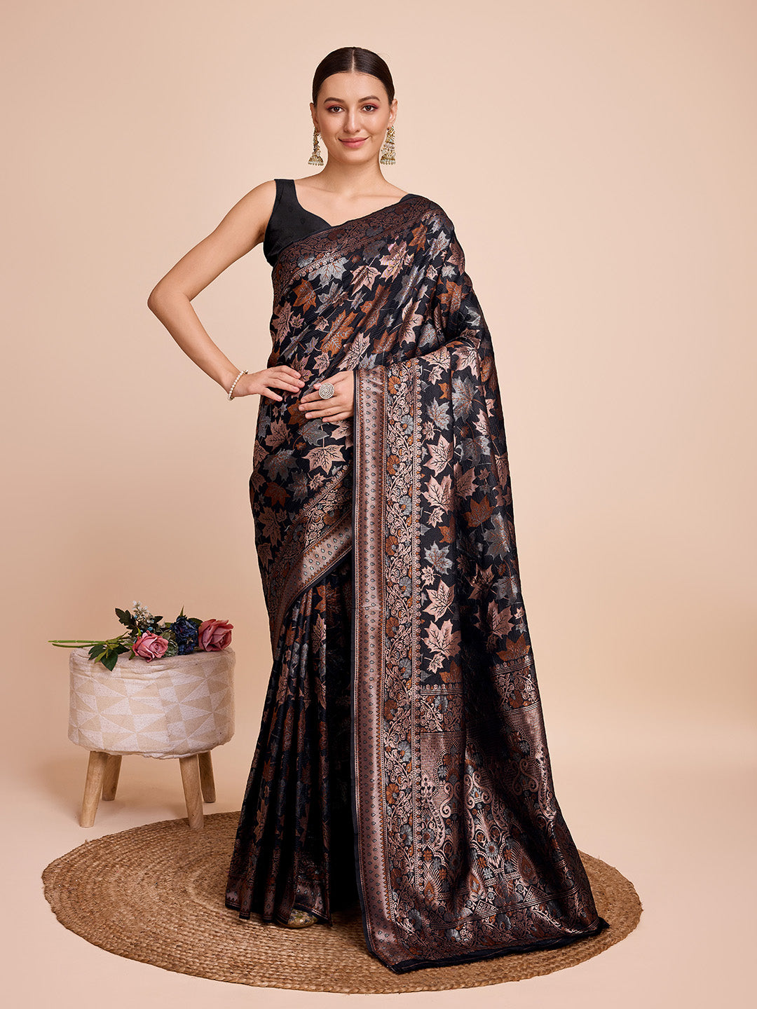 Golden & Copper Zari Weaving With Black Soft Silk Banarasi Saree | Party & Wedding Wear - JaipurSaaj