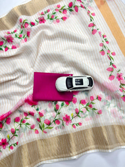 White Plain Mix Linen Cotton Saree With Digital Printed Work