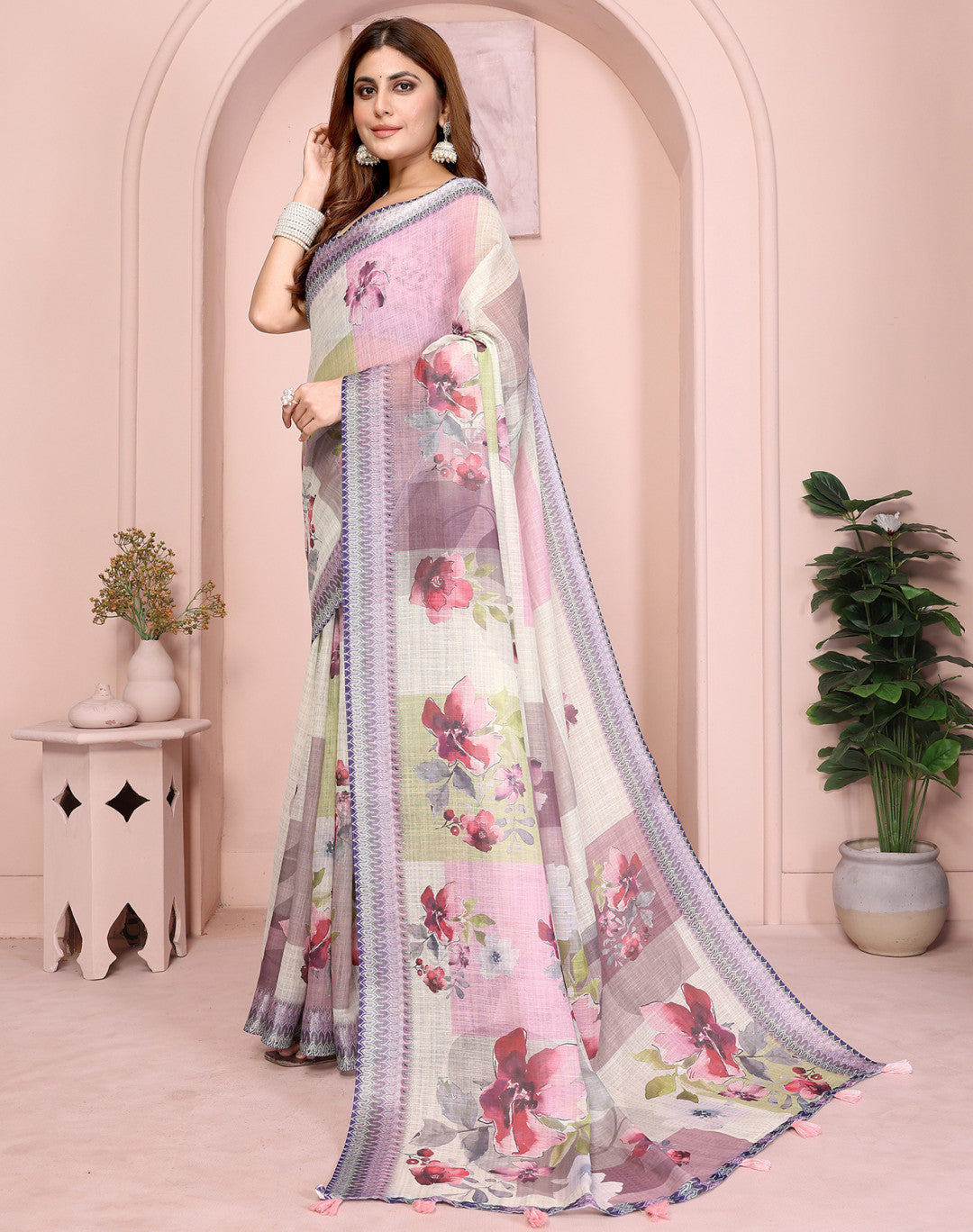 Multi Linen Cotton Saree With Digital Printed Work And Silver Zari Border