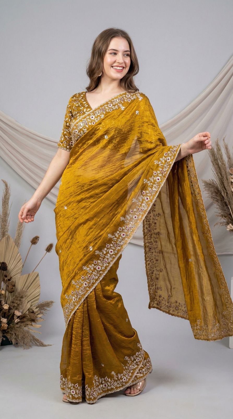 Mahendi Green Fandy Chiffon Silk Saree With Sequin Work & Cut Work Border | Party & Reception Wear – JaipurSaaj
