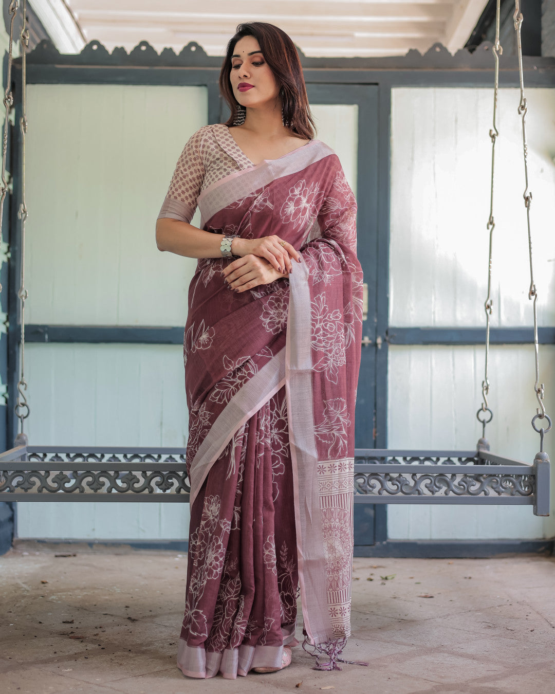 Maroon Digital Printed Linen Cotton Saree | Summer Special Office & Casual Wear – JaipurSaaj