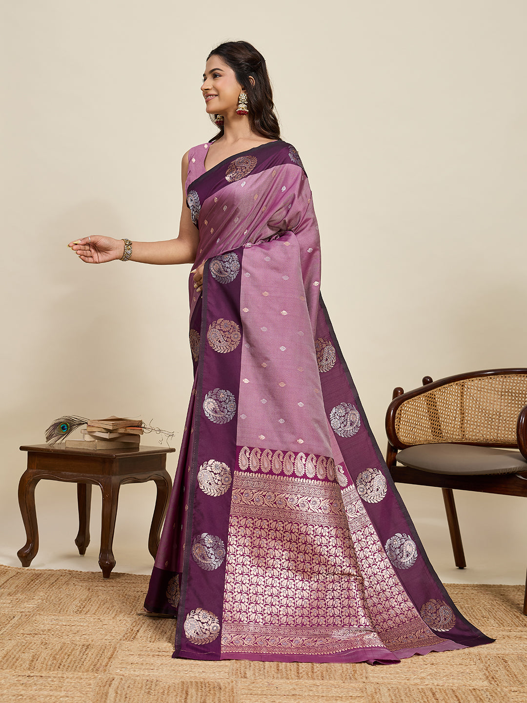 Dusty Pink Soft Silk Saree With Silver Banarasi Zari Weaving Work | Festive Wear – JaipurSaaj