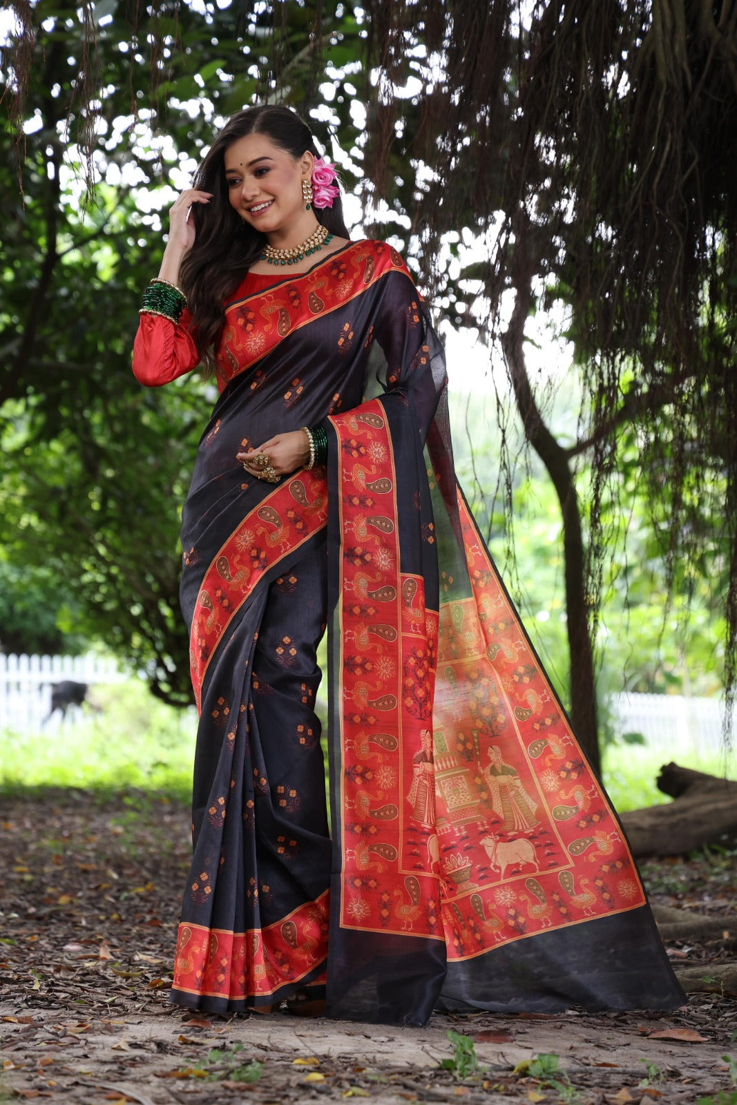 Black Peacock Printed Tussar Silk Saree | Traditional Festive Ethnic Wear – JaipurSaaj