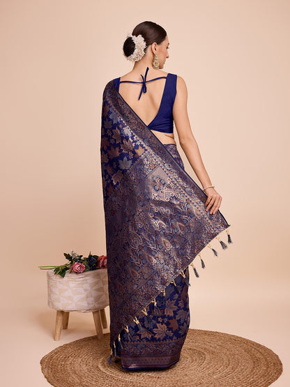 Golden & Copper Zari Weaving With Navy Blue Soft Silk Banarasi Saree | Party & Wedding Wear - JaipurSaaj