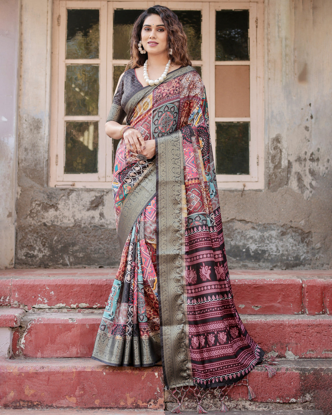 Multi Color Tussar Silk Saree With Digital Kalamkari Print & Zari Motif Border | Casual & Festive Wear – JaipurSaaj