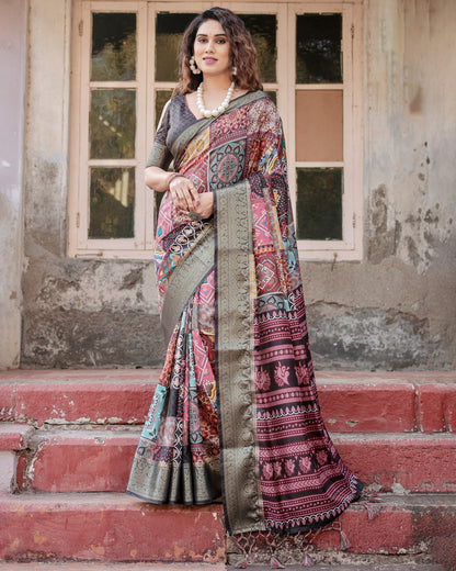 Multi Color Tussar Silk Saree With Digital Kalamkari Print & Zari Motif Border | Casual & Festive Wear – JaipurSaaj