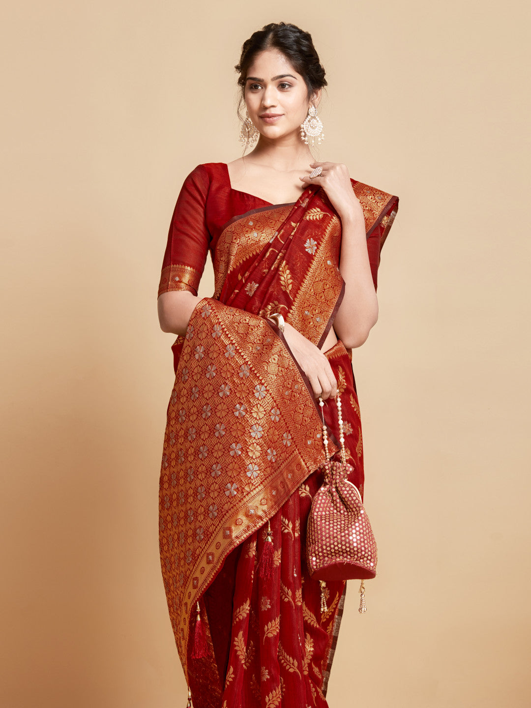 Red Soft Linen Silk Saree With Zari Weaving Work