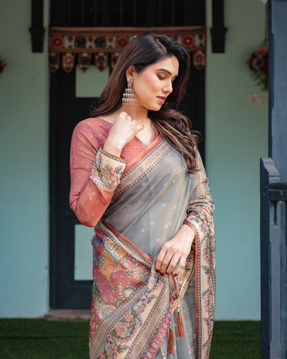 Blue Kalamkari Printed Linen Cotton Saree | Summer Casual & Ethnic Wear – JaipurSaaj