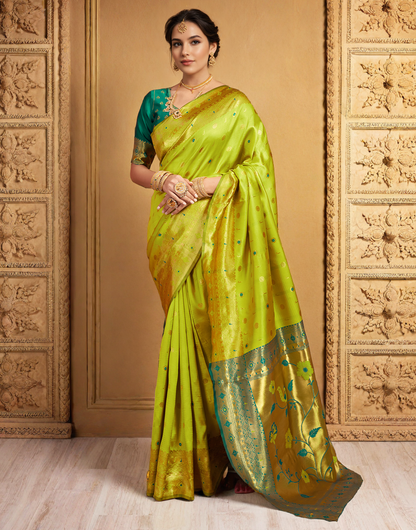 Traditional Parrot Green Paithani Silk Saree With Zari Weaving Work